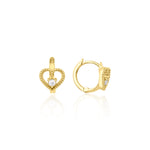 yellow gold beaded open heart huggie hoop earrings with a single clear stone on white background