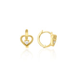 yellow gold beaded open heart huggie hoop earrings with a single clear stone on white background