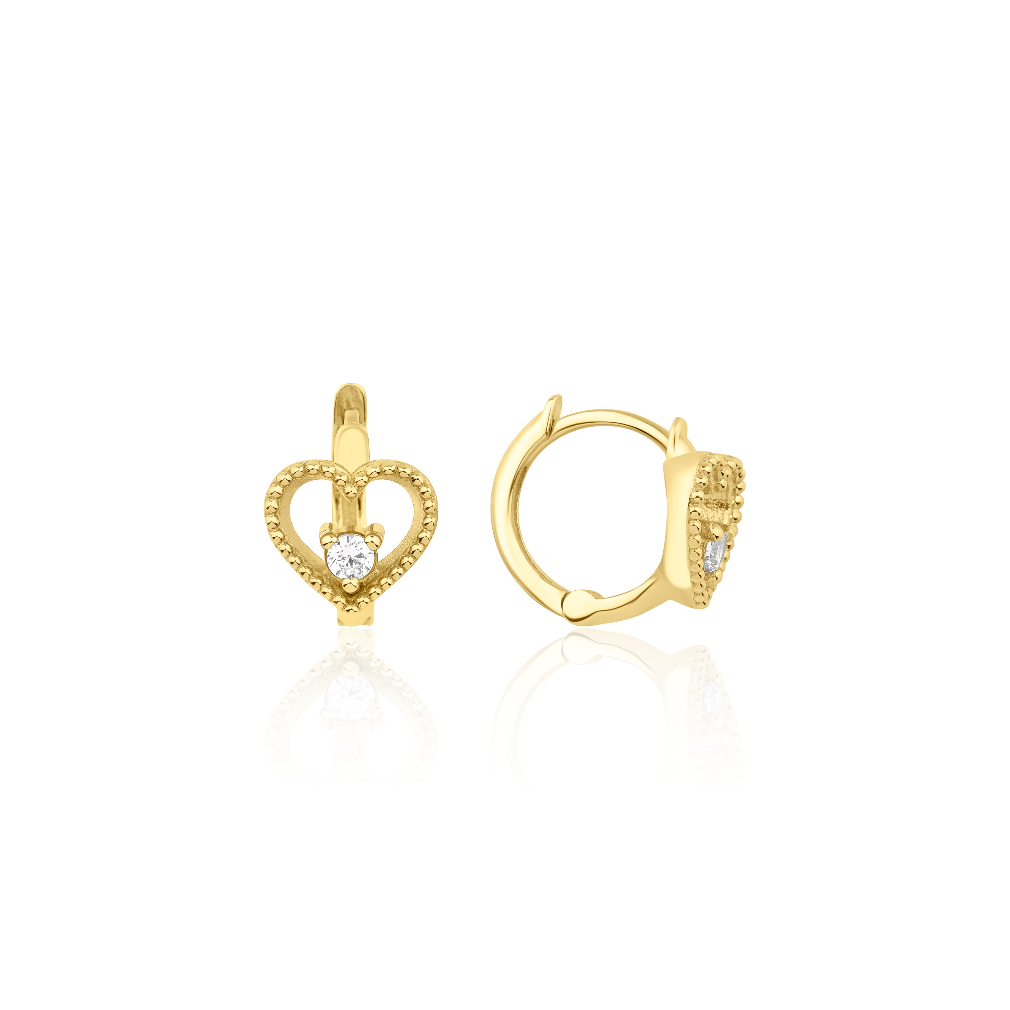 yellow gold beaded open heart huggie hoop earrings with a single clear stone on white background
