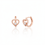 rose gold beaded open heart huggie hoop earrings with a single clear stone on white background