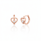 rose gold beaded open heart huggie hoop earrings with a single clear stone on white background