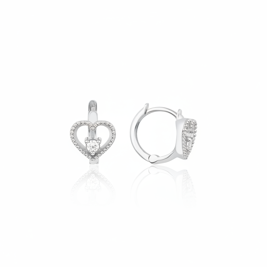 white gold beaded open heart huggie hoop earrings with a single clear stone on white background