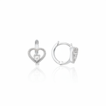 white gold beaded open heart huggie hoop earrings with a single clear stone on white background
