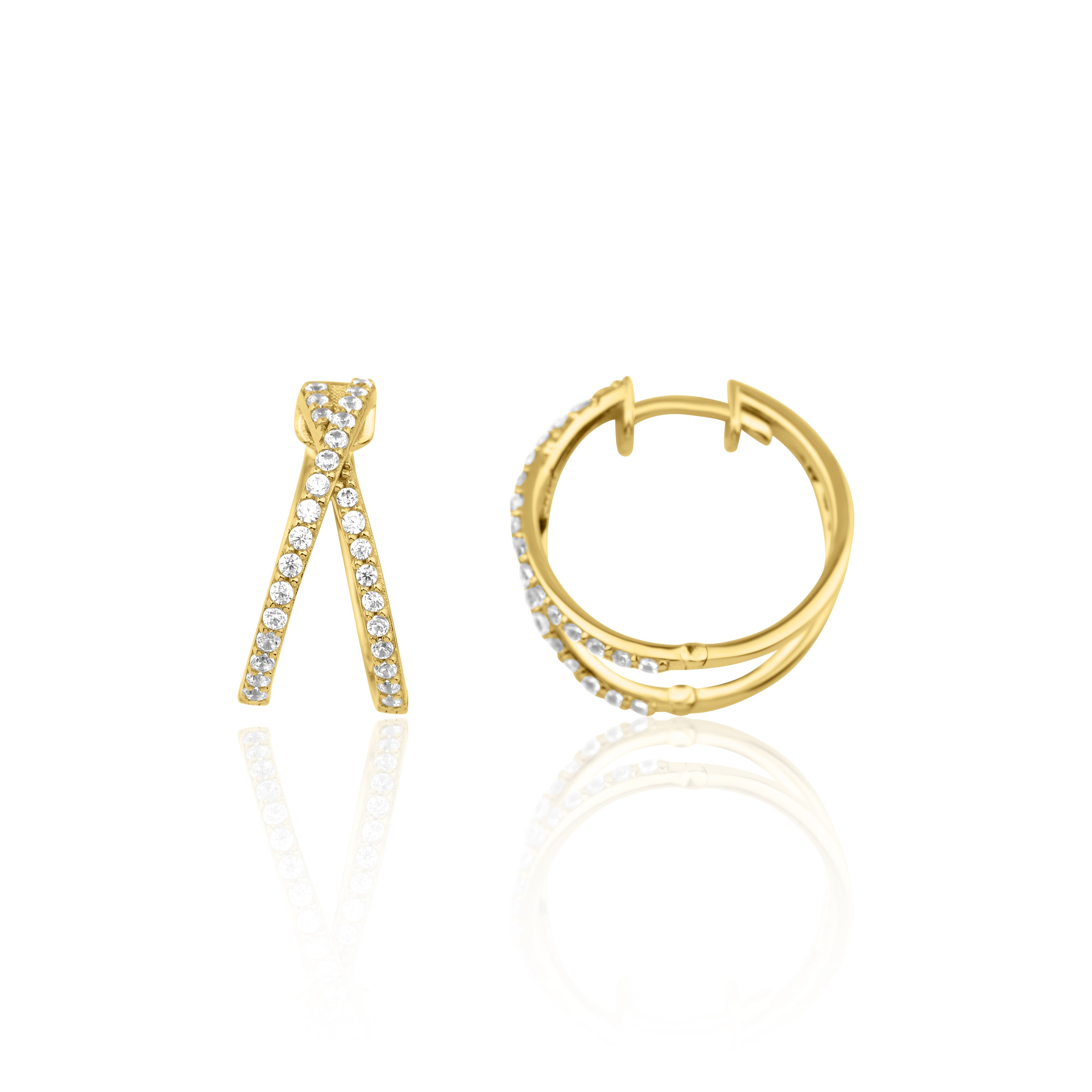 yellow gold criss-cross hoop earrings with clear stones on white background