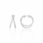 white gold criss-cross hoop earrings with clear stones on white background