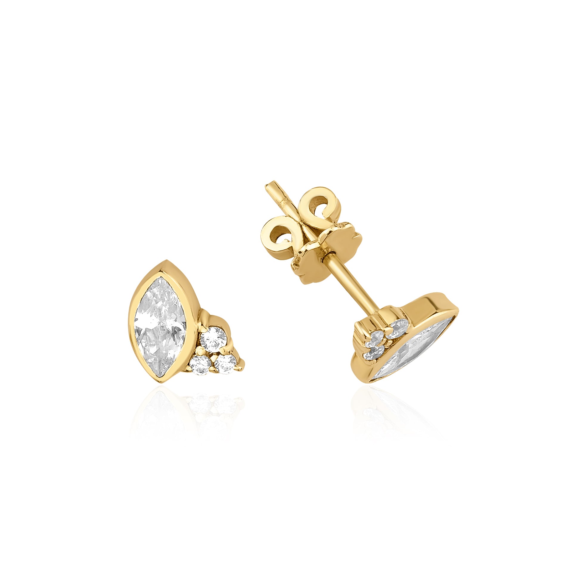 yellow gold marquise-cut stud earrings with a trio of clear stones on white background