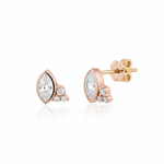 rose gold marquise-cut stud earrings with a trio of clear stones on white background