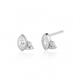 white gold marquise-cut stud earrings with a trio of clear stones on white background