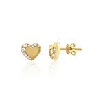 yellow gold heart stud earrings with an arc of clear stones on white background