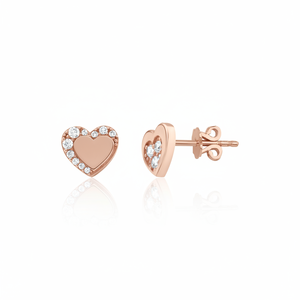 rose gold heart stud earrings with an arc of clear stones on white background