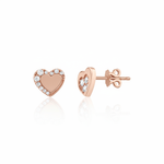 rose gold heart stud earrings with an arc of clear stones on white background