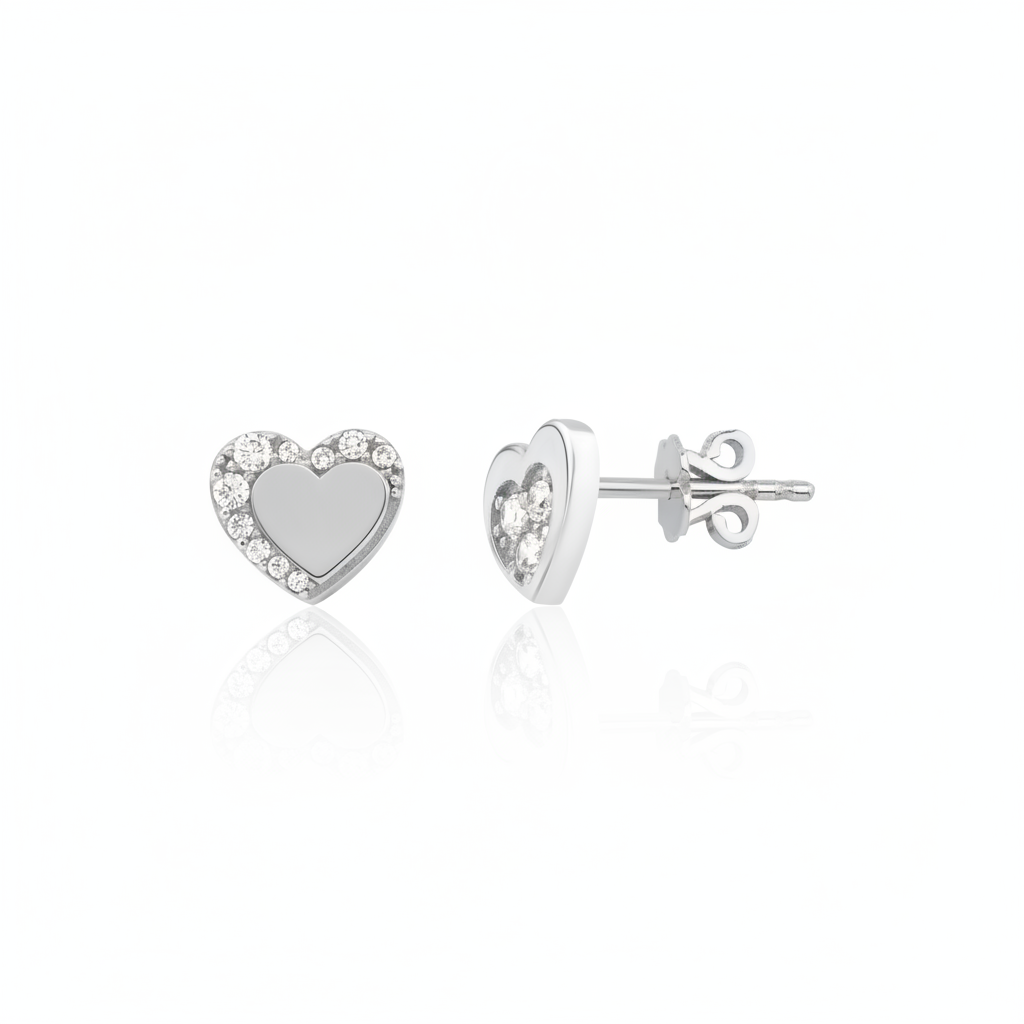 white gold heart stud earrings with an arc of clear stones on white background