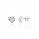 white gold heart stud earrings with an arc of clear stones on white background