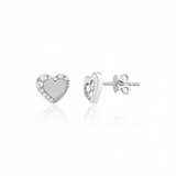 white gold heart stud earrings with an arc of clear stones on white background