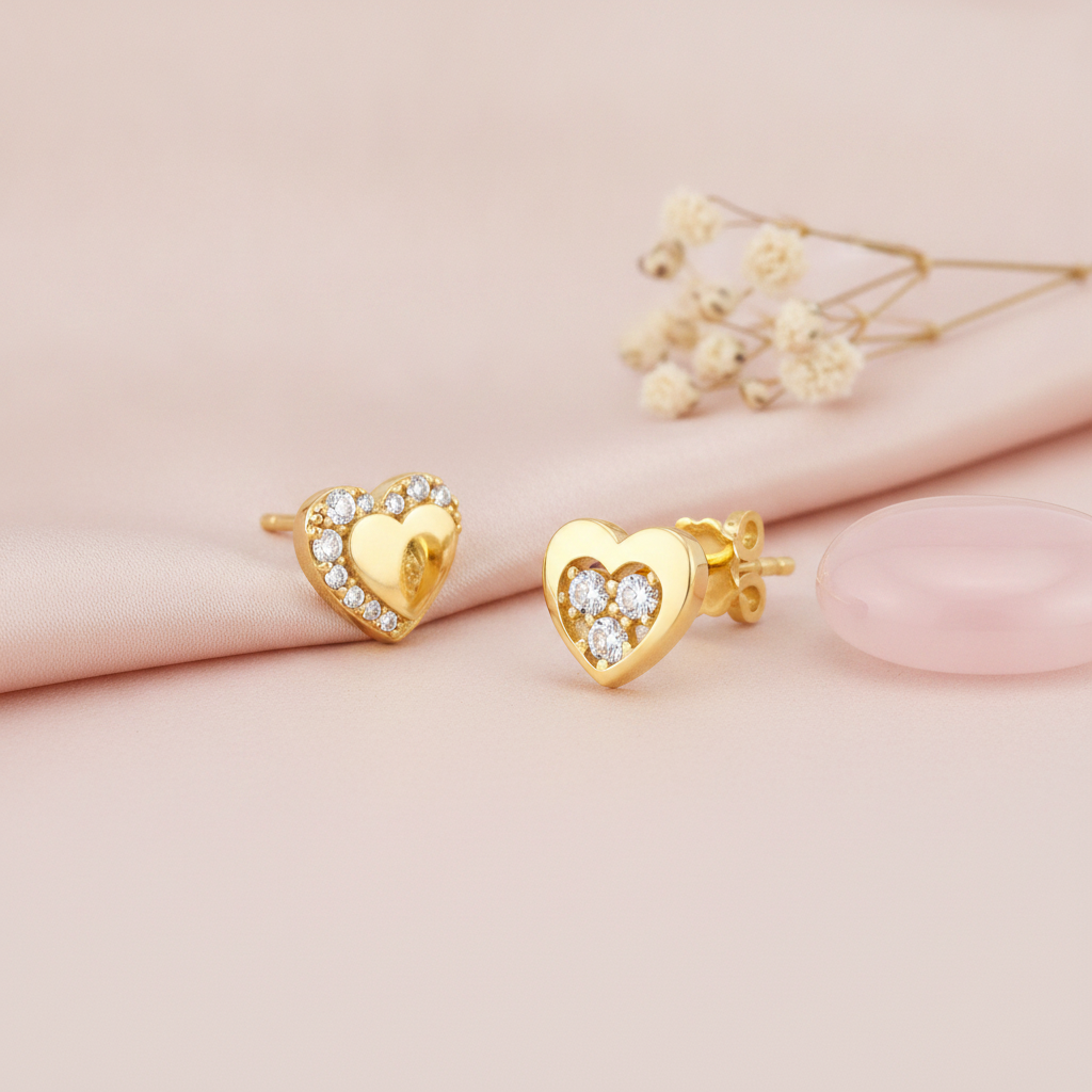gold heart stud earrings with a polished center and an arc of clear stones, styled on a pink background with dried flowers and a pink stone