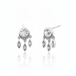 white gold stud earrings with dangling leaf charms and clear stones on white background