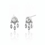 white gold stud earrings with dangling leaf charms and clear stones on white background
