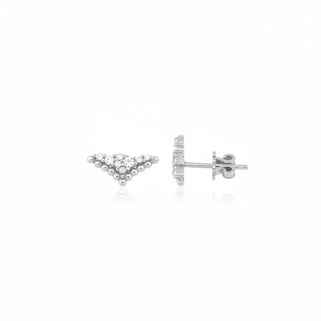 white gold chevron cluster stud earrings with clear stones on white background