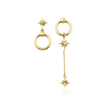 yellow gold asymmetric star and hoop drop earrings with White CZ stones on white background