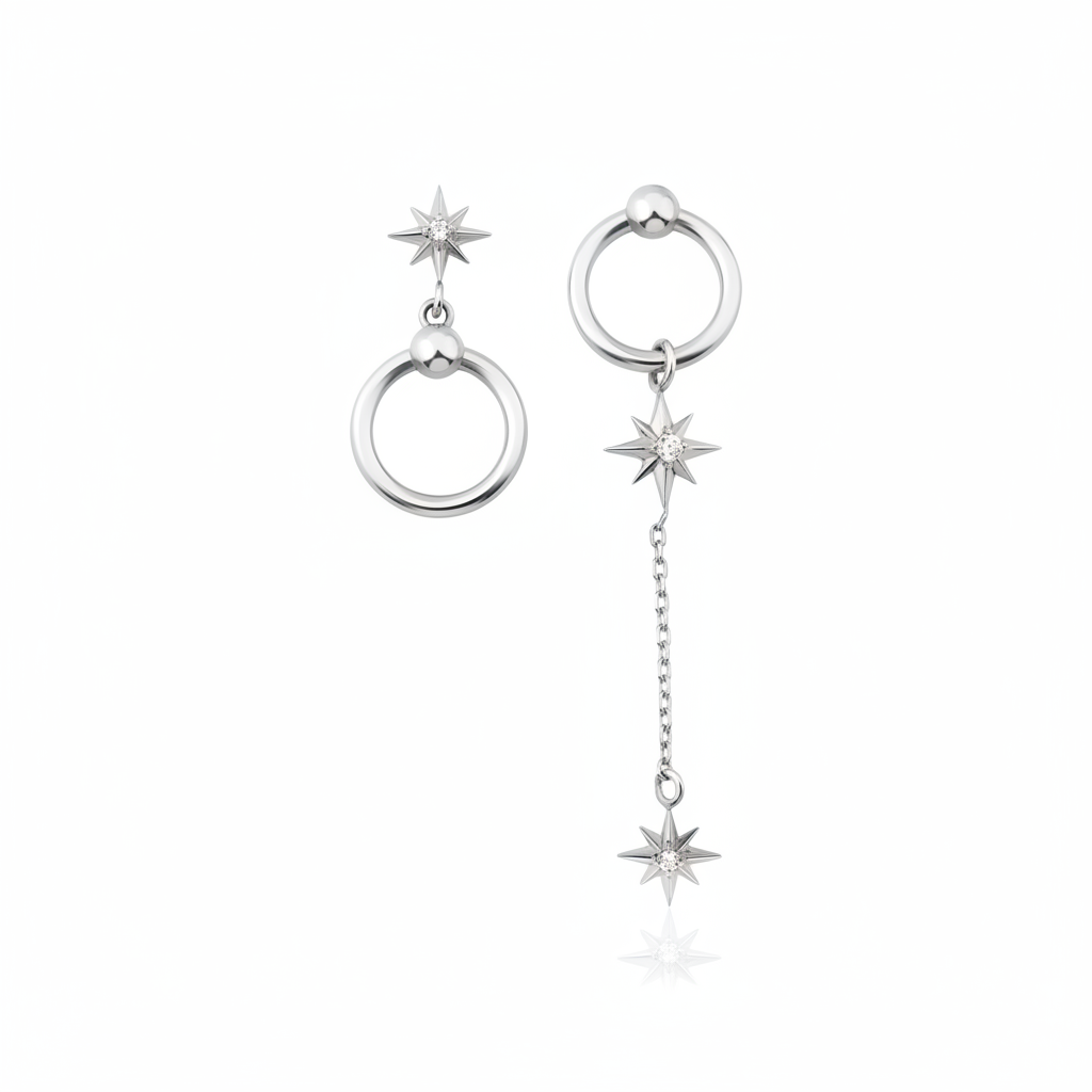 white gold asymmetric star and hoop drop earrings with White CZ stones on white background