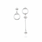 white gold asymmetric star and hoop drop earrings with White CZ stones on white background