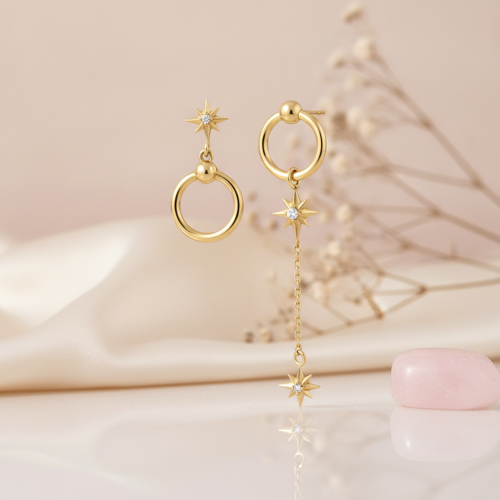 asymmetric gold star and hoop drop earrings with White CZ stone accents, styled with dried flowers and a pink stone on a blush background