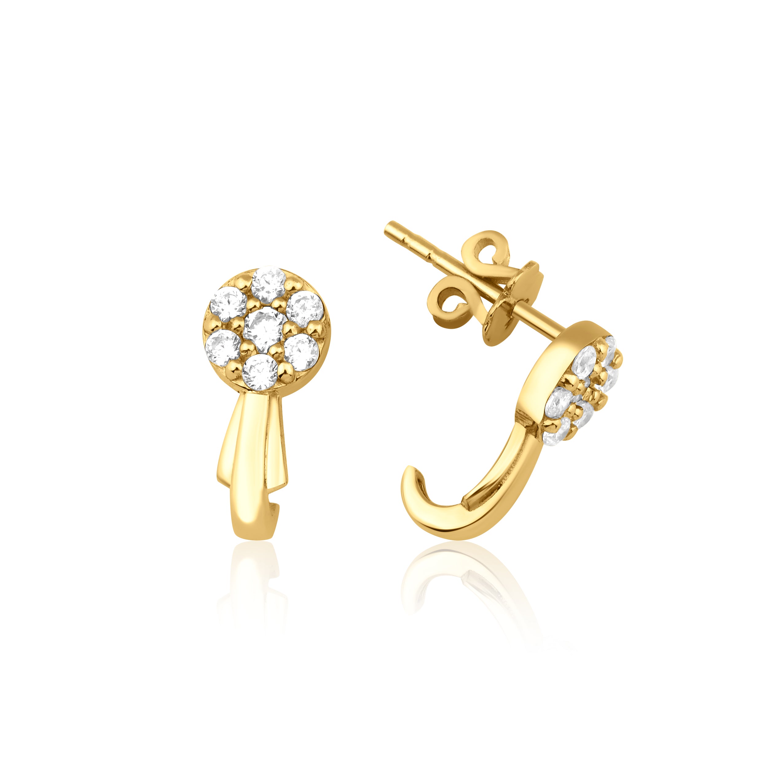 yellow gold cluster hoop earrings with White CZ stones on white background