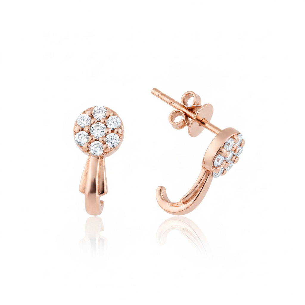 rose gold cluster hoop earrings with White CZ stones on white background