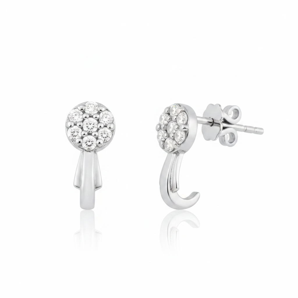 white gold cluster hoop earrings with White CZ stones on white background