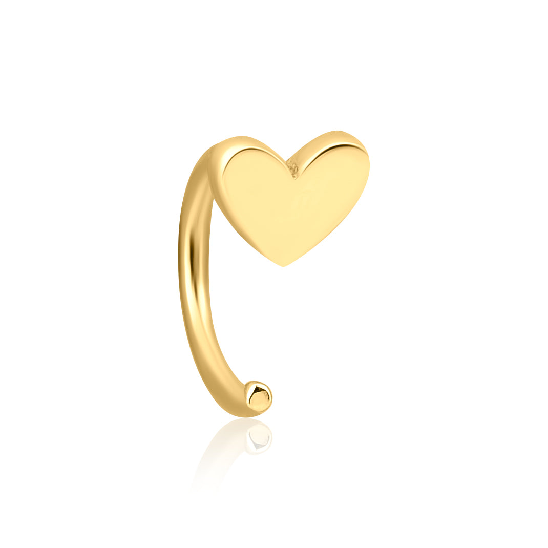 yellow gold heart hoop earring on white background