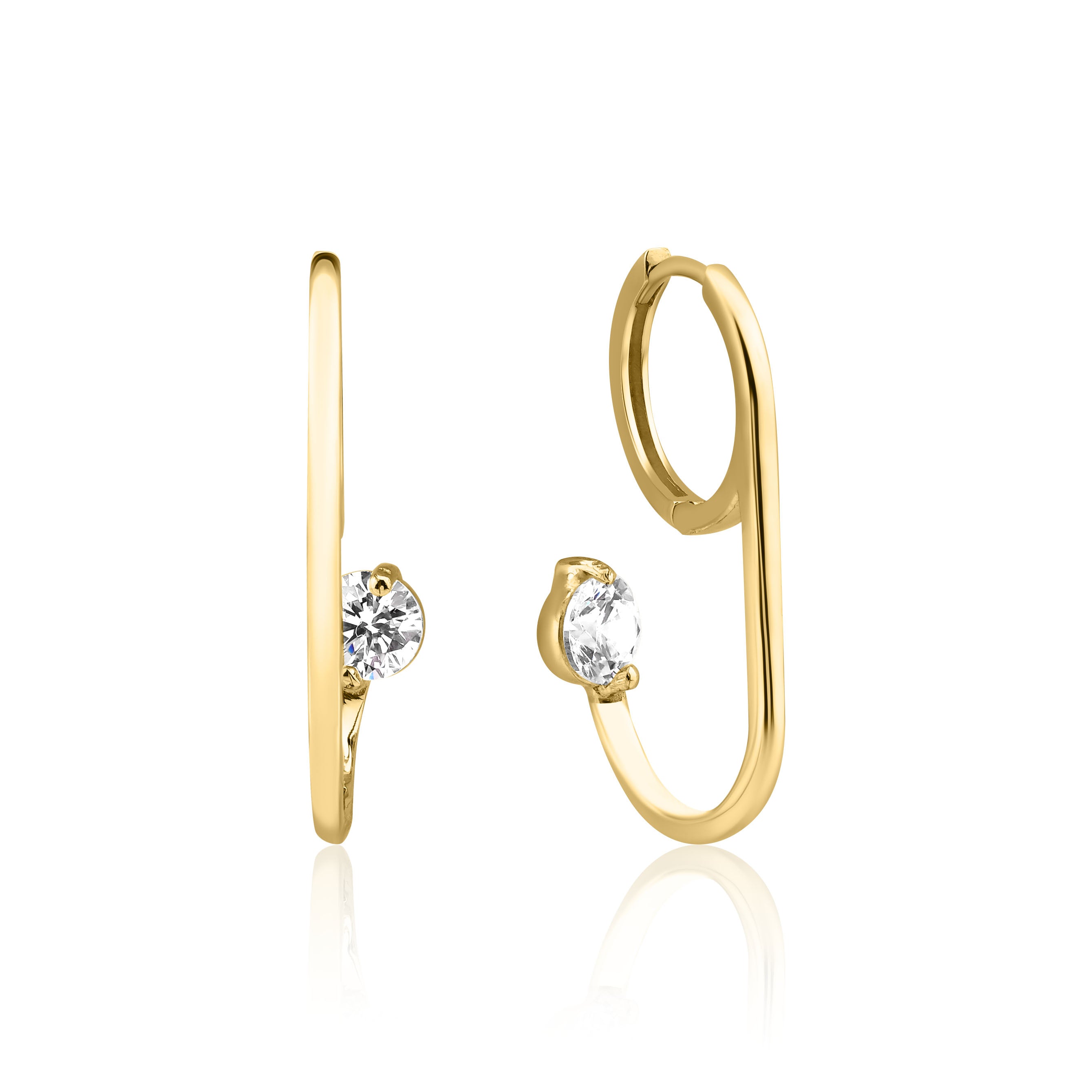 yellow gold open loop hoop earring with a floating round stone on white background