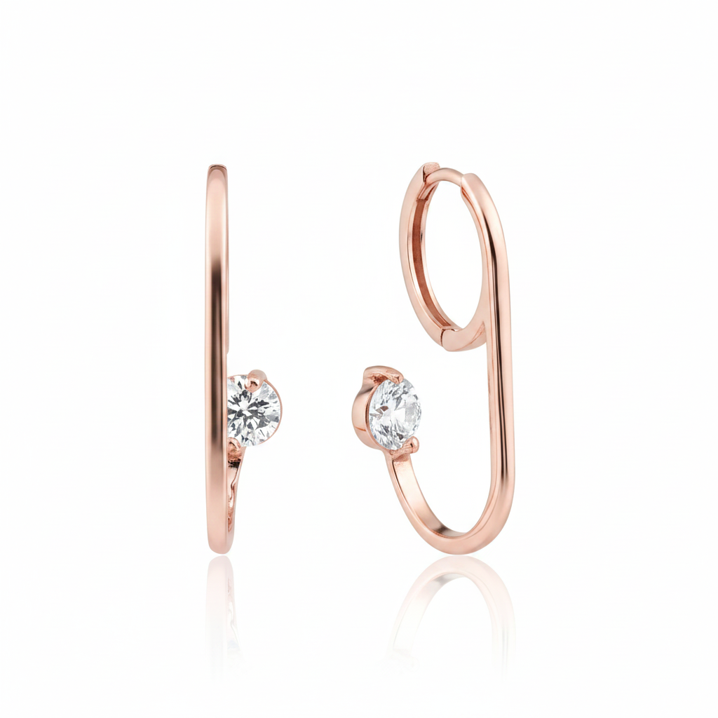 rose gold open loop hoop earring with a floating round stone on white background