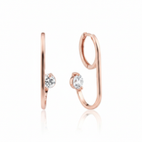 rose gold open loop hoop earring with a floating round stone on white background