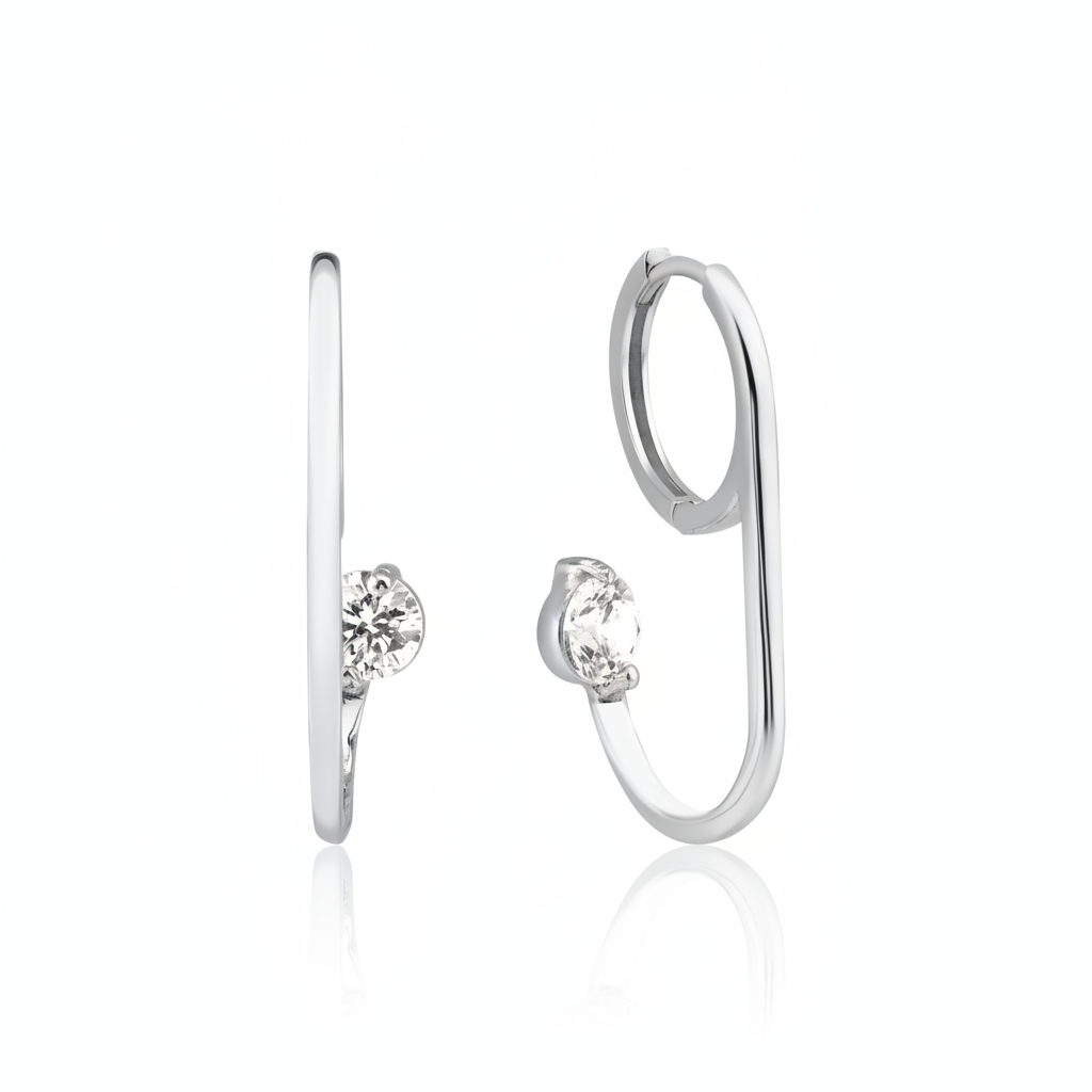 white gold open loop hoop earring with a floating round stone on white background