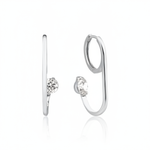 white gold open loop hoop earring with a floating round stone on white background