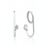 white gold open loop hoop earring with a floating round stone on white background
