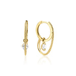 yellow gold double hoop earrings with a dangling clear round stone on white background