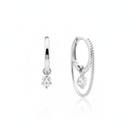 white gold double hoop earrings with a dangling clear round stone on white background