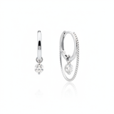 white gold double hoop earrings with a dangling clear round stone on white background