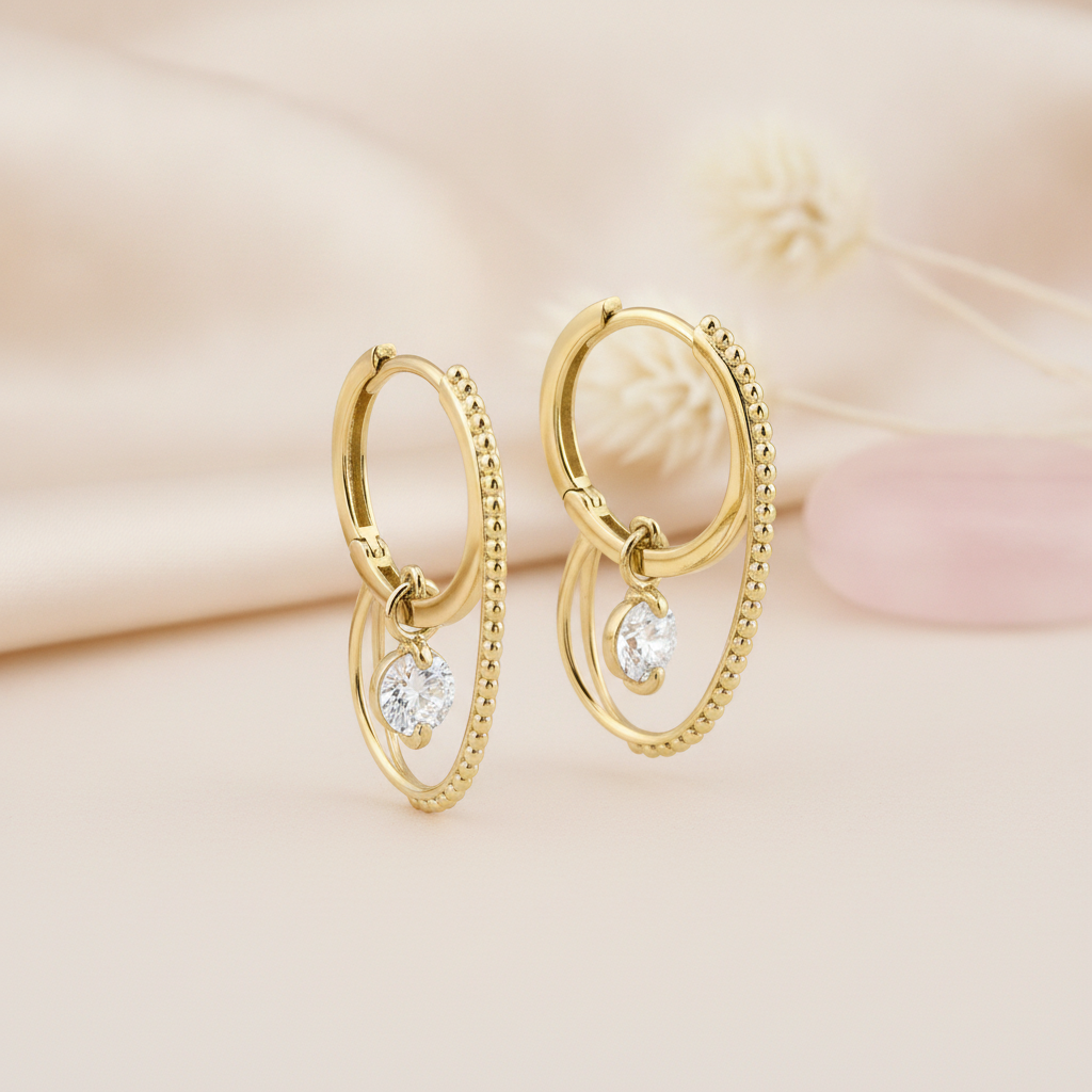 gold double hoop earrings with a dangling clear round stone, styled with a dried flower and a pink stone on a blush background