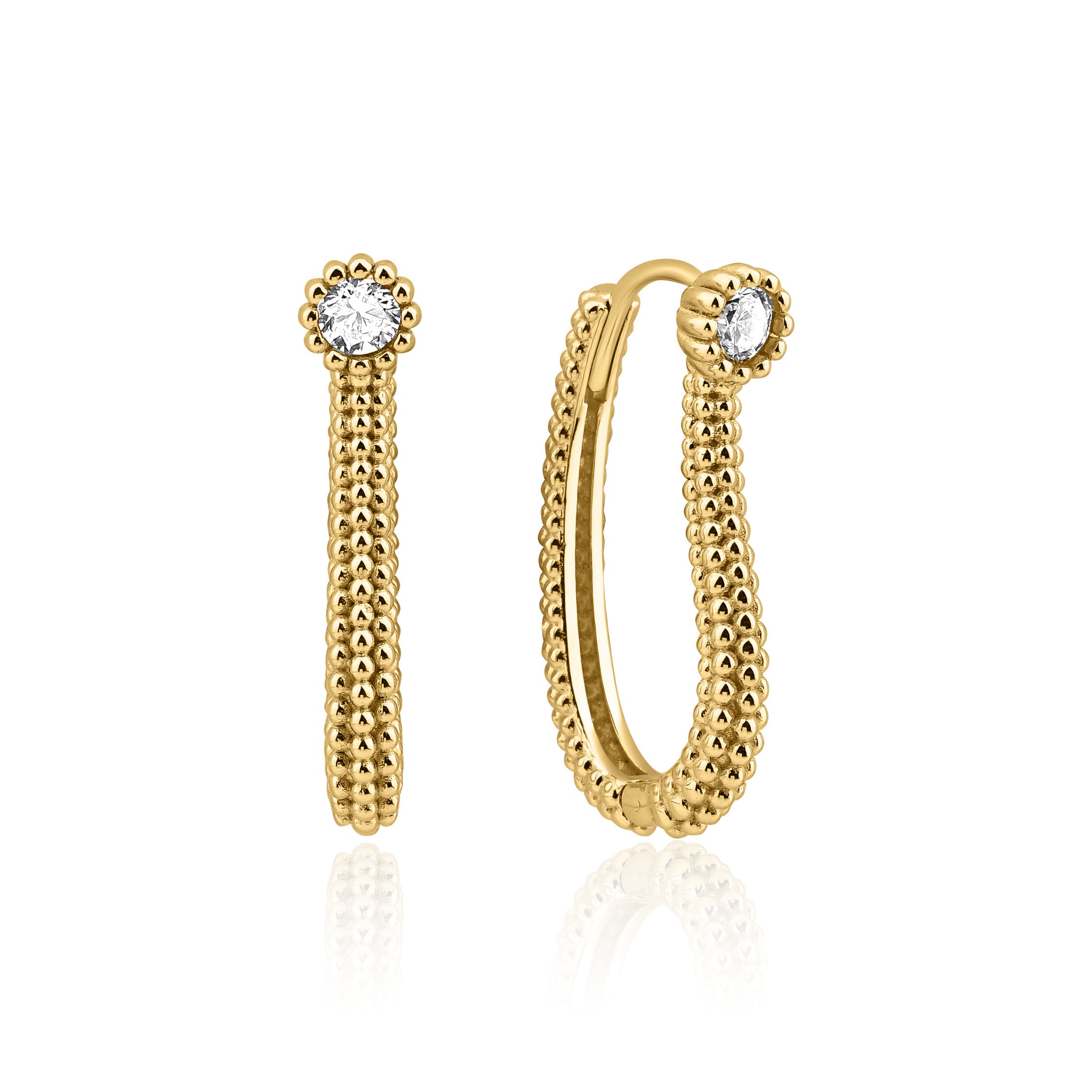 yellow gold beaded oval hoop earring with a White CZ stone on white background