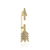 yellow gold split arrow ear cuff earring with White CZ stones on white background