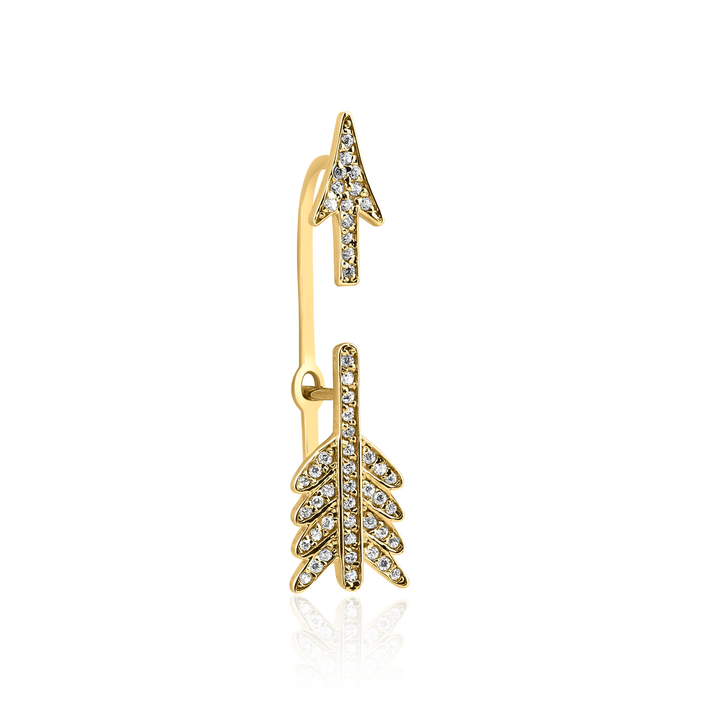 yellow gold split arrow ear cuff earring with White CZ stones on white background
