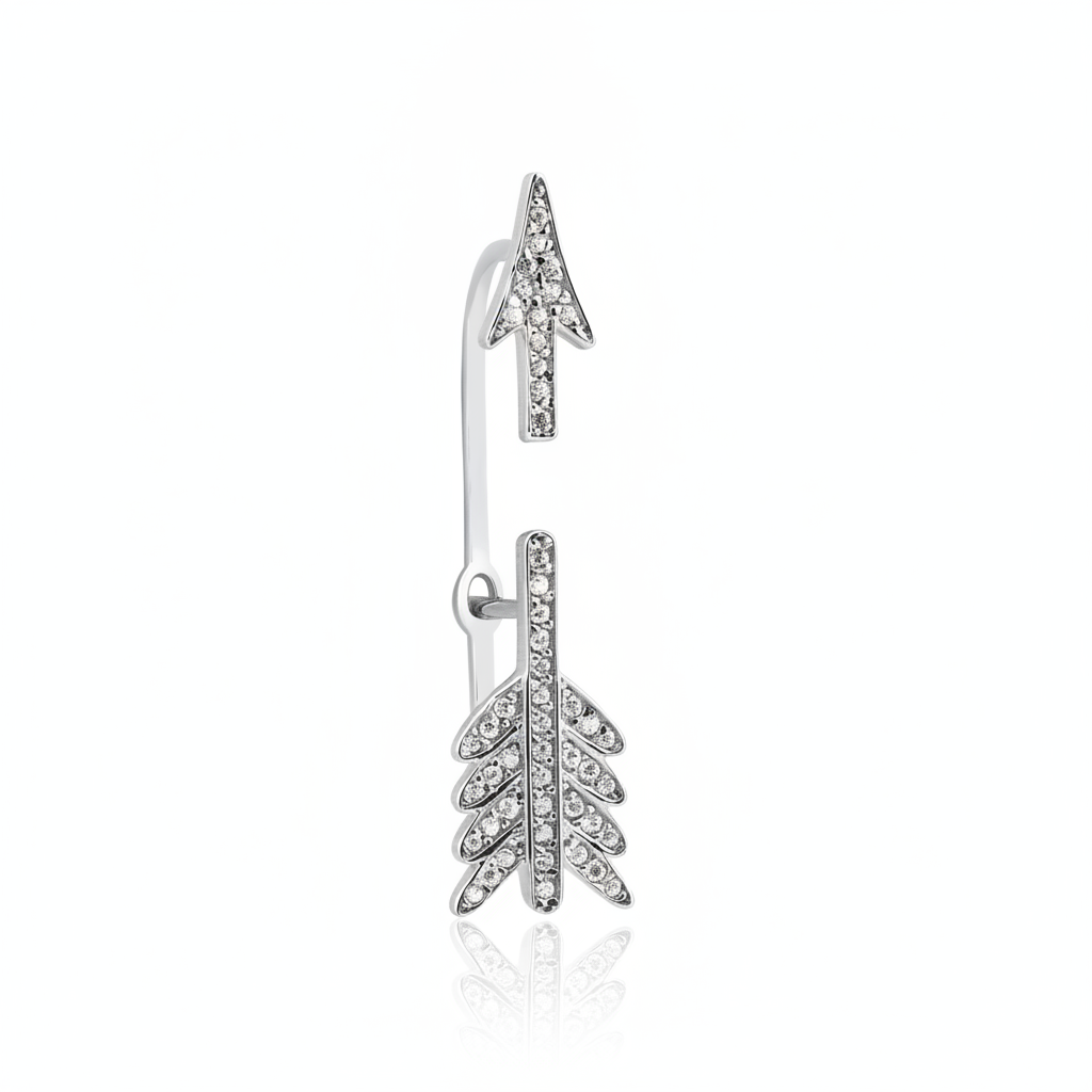 white gold split arrow ear cuff earring with White CZ stones on white background