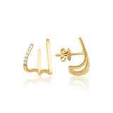 yellow gold triple bar ear cuff earring with White CZ stones on white background