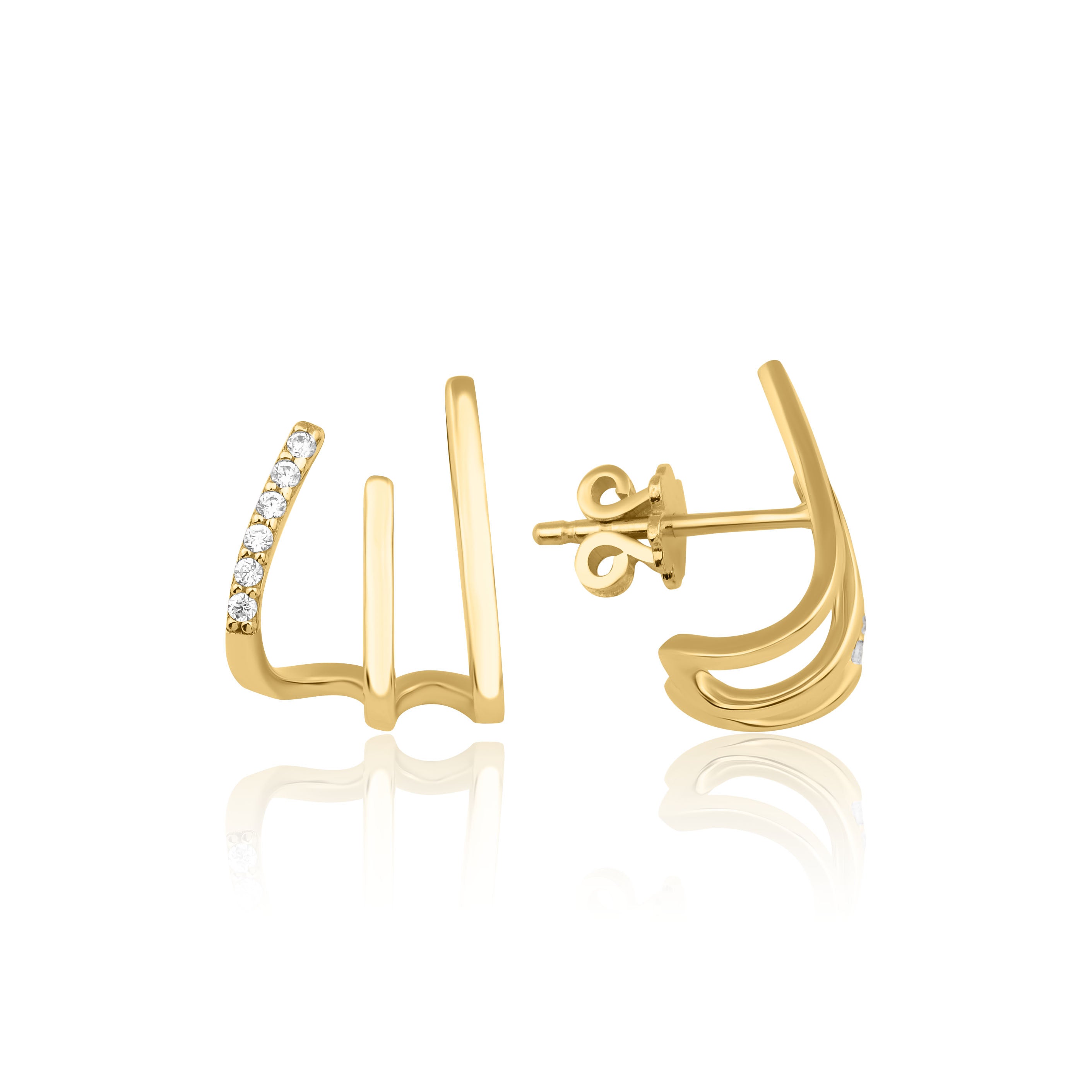 yellow gold triple bar ear cuff earring with White CZ stones on white background