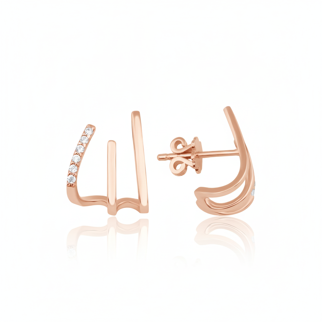rose gold triple bar ear cuff earring with White CZ stones on white background