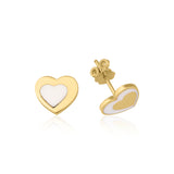 yellow gold heart stud earring with white inlay on white background