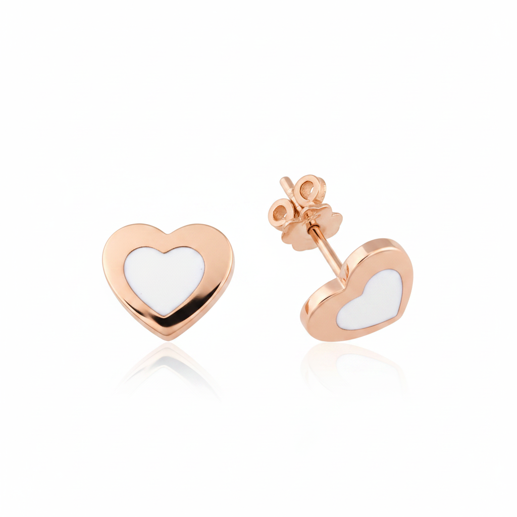 rose gold heart stud earring with white inlay on white background