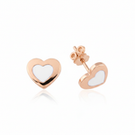 rose gold heart stud earring with white inlay on white background